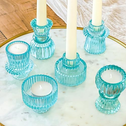 Kate Aspen Vintage Ribbed Glass Black Candlestick Holders, Pillar Candle, Tealight & Votive Candle Holders (Set of 6, 3 Assorted Sizes), Dining Table Decor, Shelf Decor, Centerpiece - color: Blue