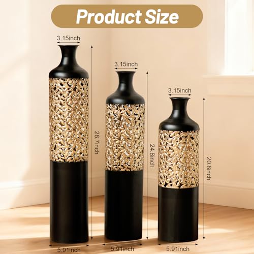 Floor Vases, Tall Home Decor Metal Vase Set of 3 Large Glazed Decorative Vases for Wedding Decor, Elegant Modern Flower Holder for Living Room, Entryway, Hallway, Dining Room - color: Leaf Cluster Black Gold
