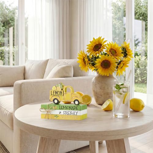 Smile Wooden Summer Indoor Decorations, Mini Tiered Tray Decor with Sunflower and Twine, Rustic Wooden Decorative Books Stack with Wood Truck Sign for Home Kitchen Shelf Tabletop - style: Summer Truck