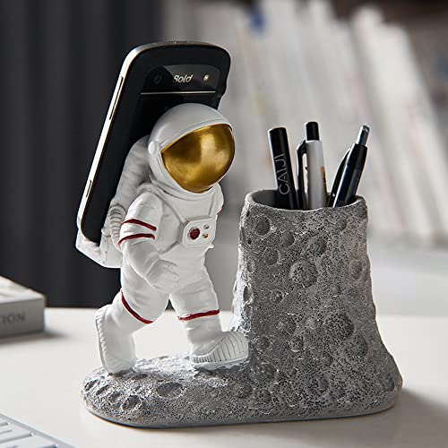 BUTILIVEEN Astronaut Pen Pencil Holder with Phone Stand, Resin Spaceman Pen Container Cell Phone Stand for home Office Desktop Decoration, Gifts for Space Lovers, Gifts for Christmas - style: Phone Pen Holder