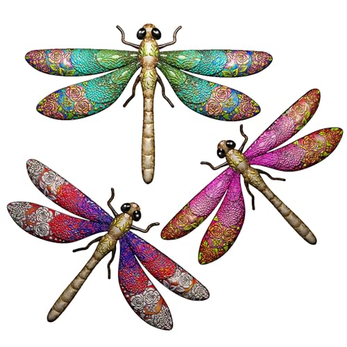 3pcs Metal Dragonfly Garden Art Decorations, Outdoor Hanging Wall Decor Sculptures for Home Garden Yard Patio Window