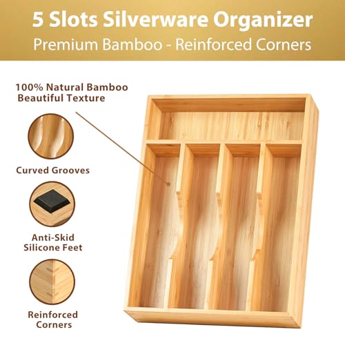 Umilife Bamboo Kitchen Drawer Organizer, 9 Inch Silverware Utensils Tray Holder for Small Drawer, Wood Caddy for Flatware Cutlery Knives - size: 9 x 13 inch (5 Slots)