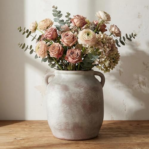 Ceramic Flower Vase with Handle, 7.3 Inch Terracotta Farmhouse Rustic Decor | Waterproof Table Centerpiece for Living Room, Kitchen Shelf & Dining Table | Vintage Pottery Home Decoration - size: 7.3inch