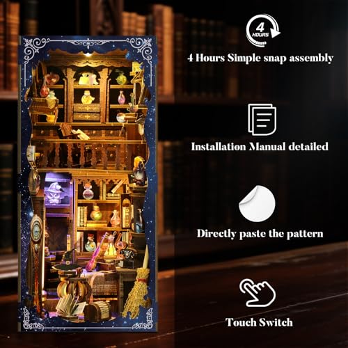 DIY Book Nook Kit for Adults, 3D Wooden Puzzle Bookshelf Insert Decor with LED Light & Stickers, Dust Cover,Miniature House Craft Gifts for Family,Friends and Book Lovers（Magic Potion House） - style: Magic Potion House
