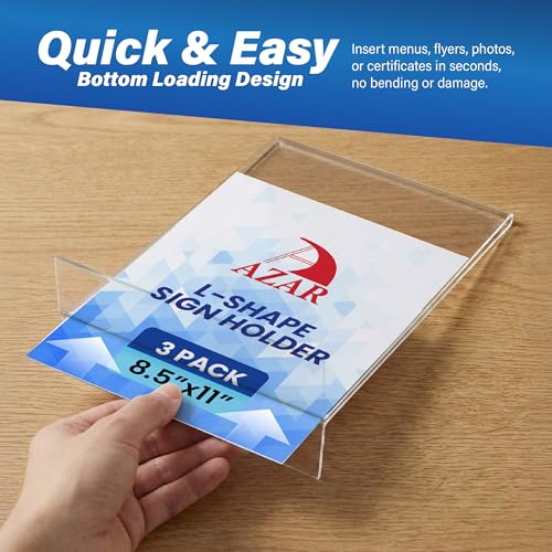 Azar Displays 152430-3PK Bottom Load Sign Holder 8.5x11 – Clear Flexible Plastic Display Stand for Menus, Signs, Promotions – Vertical Tabletop Frame, Pack of 3