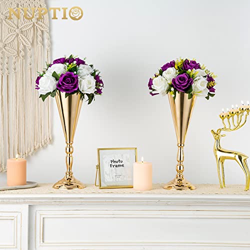 2 Pcs Set Metal Wedding Flower Trumpet Vase Stand, 14 inch Table Decorative Centerpiece Artificial Flower Arrangements for Anniversary Ceremony Party Birthday Event Aisle Home Decoration (Gold) - color: Gold, size: 14 inch x 2 Pcs