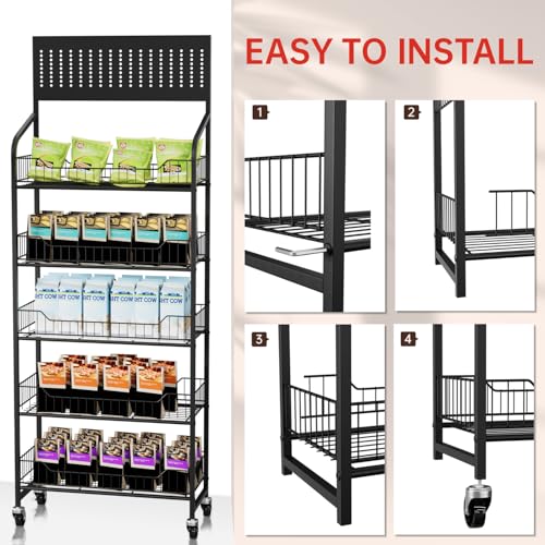 5-Tier Metal Display Rack Large Snack Shelving Unit with Hanging Panels and 12 Hooks 4 Casters for Easy Mobility Freestanding Display Unit Ideal for Supermarkets and Retail Stores (65.23H*23.8W*10.4D) - size: 65.23H*23.8W*10.4D