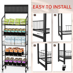5-Tier Metal Display Rack Large Snack Shelving Unit with Hanging Panels and 12 Hooks 4 Casters for Easy Mobility Freestanding Display Unit Ideal for Supermarkets and Retail Stores (65.23H*23.8W*10.4D) - size: 65.23H*23.8W*10.4D