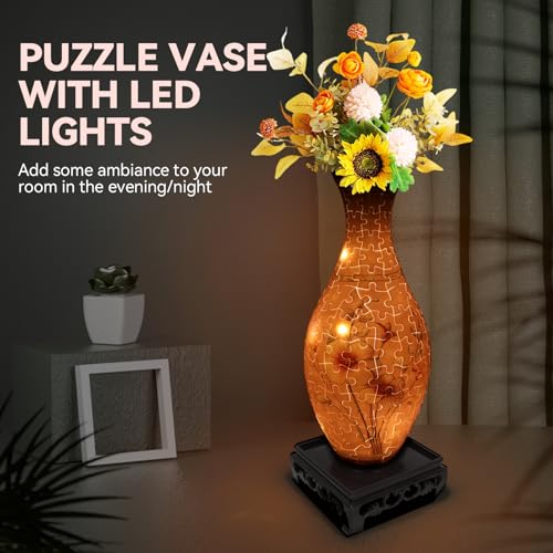 3D Puzzles Vase for Adults, Birthday Gifts for Women, 160 Pieces Plastic DIY Unique Flower Vase with LED Light, Crafts for Adults House Warming Gift for Flower Arrangements and Home Decor (Pink) - color: Pink