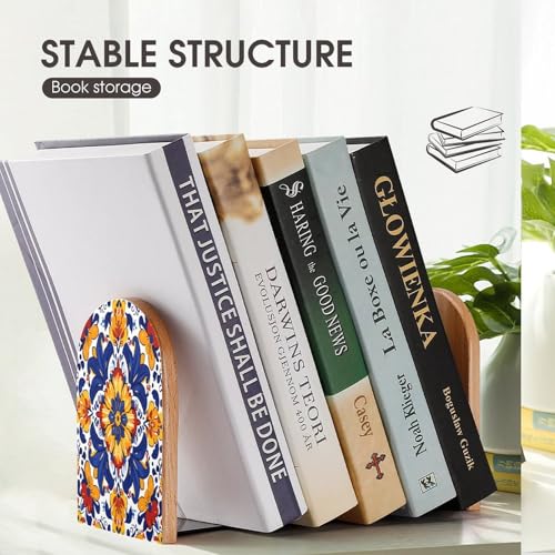 Wood Bookends 2 Pack, Hippy Mexican Talavera Mandala Non-Skid Heavy Duty Bookends for Shelves & Desks, Decorative Book Holders/Supports for Home Office/Library/School, 5x3x3.9 Inch