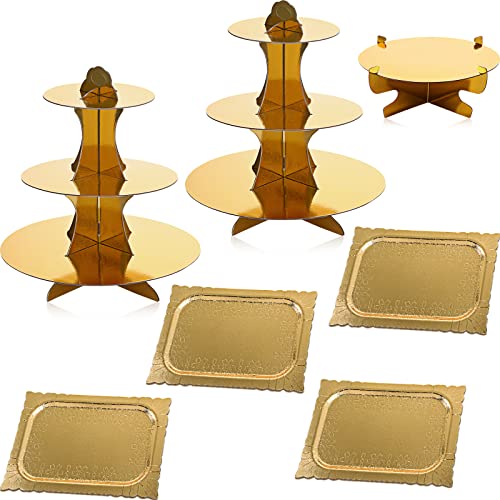 Zopeal 7 Pcs Dessert Table Display Set 3-Tier Cupcake Stand 1-Tier Cup Cake Display Tower Platters and Serving Trays Cardboard Cake Cookie Holders for Wedding Birthday Party Baby Shower(Gold) - color: Gold