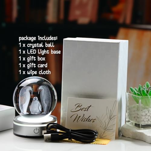 Arikyrist 3.15in. 3D Penguins Crystal Ball Gifts for Women Men, K9 Crystal Decorative Ball Engraved Penguins Figurine Paperweight with LED Light Base for Home Office Decoration for Birthday Christmas - color: Penguins