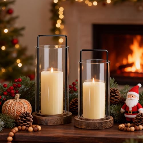 Houmury Set of 2 Brown Hurricane Candle Holders Lantern 12” & 10”with Wood Base Metal Handle Glass Cylinder Modern Farmhouse Decor for Home Decor, Table Centerpieces (Brown) - color: Brown