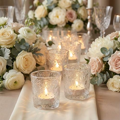 12 Pack Hummingbird Embossed Glass Candle Holders – Votive Tealight Holders with Patent Design, Decorative Embossed Glass Cups for Wedding Centerpieces, Parties, and Home Décor (Crystal Clear) - color: Crystal Clear