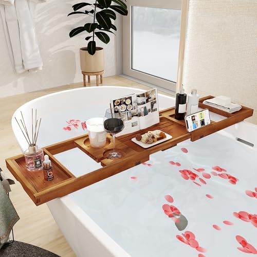 Teak Bathtub Tray - Luxury Bath Tray with Expandable Handles, Wine Glass and Phone Holders, Book Stand - Perfect for Home Spa Relaxation and Reading - Natural Bath Accessories - Light Walnut Color - color: Light Walnut-expandable