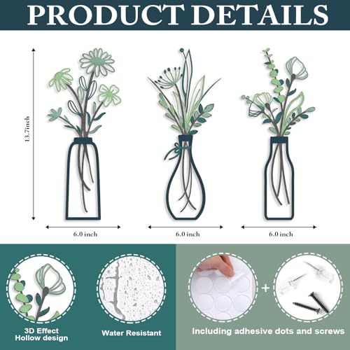 Pigort 3 Pieces Metal Flowers Wall Arts - Rustic Farmhouse Style Décor Metal Wall Art Minimalist Flower Natural Themed Wall Decors for Home Bedroom Dining Room Housewarming (Deep green) - color: Green