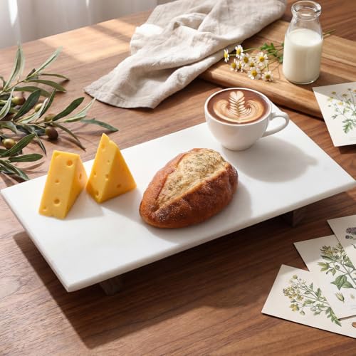 Marble Charcuterie Board Display White Cheese Cutting Footed Stand Tray with Wooden Feet 15.75"L x 8" W x 2.5" H for Vanity, Kitchen and Serving, or as a Gatherings Elegant Cheese Board Gift