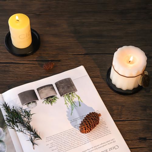 Black Wood Candle Holder - HALE OTEIR Wooden Pillar Candles Tray, Set of 2 Round Wooden Plate Pedestal Stand for Floating or Pillar Candles, Coffee Table Centerpiece for Home Decor - color: Black