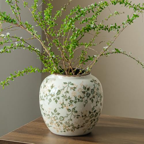 Ceramic Flower Vase | Farmhouse Green Rustic Vase for Home Decor, Vintage Floral Pottery Tuscan Round Vase for Living Room & Kitchen, Mantel & Bookshelf, Centerpieces, Entryway, Wedding(6.7 Inch) - color: 07-green and Beige