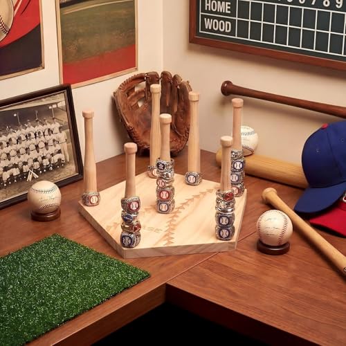 Qunclay Baseball Wooden Ring Holder 10 Inches Multi-Bar Stacked Storage Championship Softball Ring Display Stand Sports Baseball Jewelry Holder Birthday Gifts for Sports Fans Grandpa Dad
