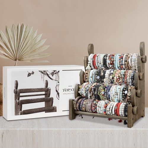 TOPNEW 4 Tier Wooden Bracelet Holder, Scrunchie Bangle Watch Necklace Display Storage Jewelry Holder Stand Display Organizer, Brown - color: 4 Tier Brown
