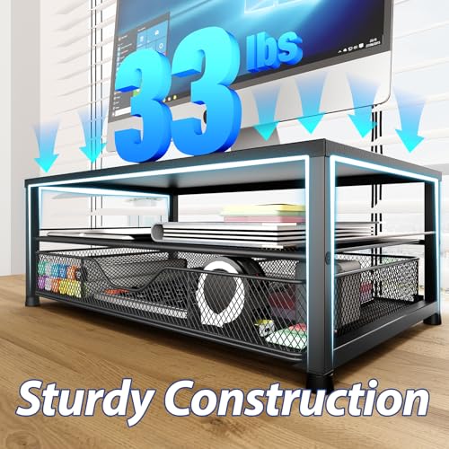 OPNICE Desk Organizer and Accessories, 2-Tier Computer Monitor Stand Riser with Drawer and 2 Pen Holders, Laptop Stand, Office Desk Accessories for Office Supplies, Black - color: Black 1-Pack