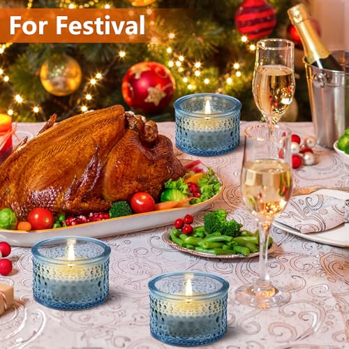 JOYIT Blue Votive Candle Holders Bulk Set of 4, Tealight Candle Holder for Wedding Table Centerpiece, Glass Small Candle Holders for Birthday Party, Valentine's Day, Home Decor (2''X 1.4'') - color: Embossed_blue