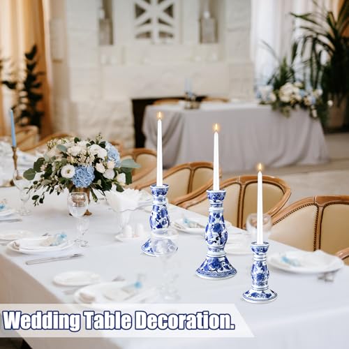 Soaoo Set of 3 Blue and White Porcelain Ceramic Pillar Candle Holder Chinoiserie Pillar Candle Holders Candlestick Decoration for Wedding Party Fireplace Table Home Centerpiece