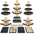 Pack of 10 NWK Cake Stand Set, with 3 x Two-Tier and 3 x Three-Tier Cupcake Stands, 4 x Appetizer Trays, 1 x Tablecloth for Birthday Bridal Baby Shower Party (Black) - color: Black
