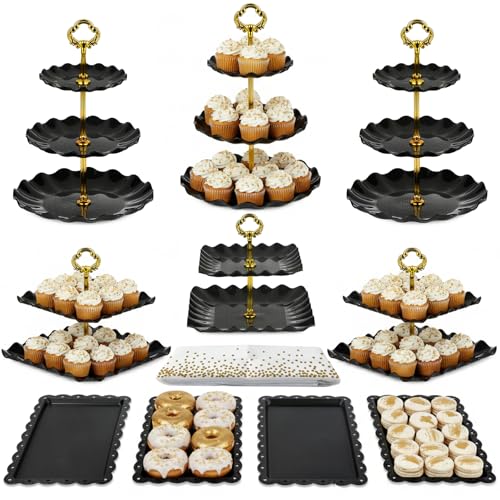 Pack of 10 NWK Cake Stand Set, with 3 x Two-Tier and 3 x Three-Tier Cupcake Stands, 4 x Appetizer Trays, 1 x Tablecloth for Birthday Bridal Baby Shower Party (Black) - color: Black