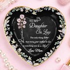 Personalized Jewelry Dish for Daughter in Law, Ceramic Trinket-Dish Heart Shape Ring Holder, Mother in Law Gift, Sentimental Keepsake Tray, Birth Floral Jewelry Organizer - color: Daughter In Law 127