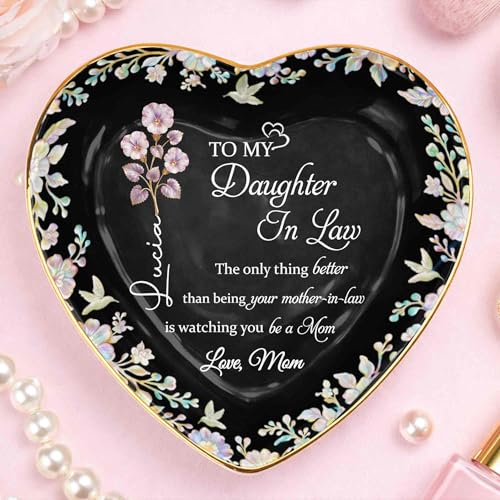 Personalized Jewelry Dish for Daughter in Law, Ceramic Trinket-Dish Heart Shape Ring Holder, Mother in Law Gift, Sentimental Keepsake Tray, Birth Floral Jewelry Organizer - color: Daughter In Law 127