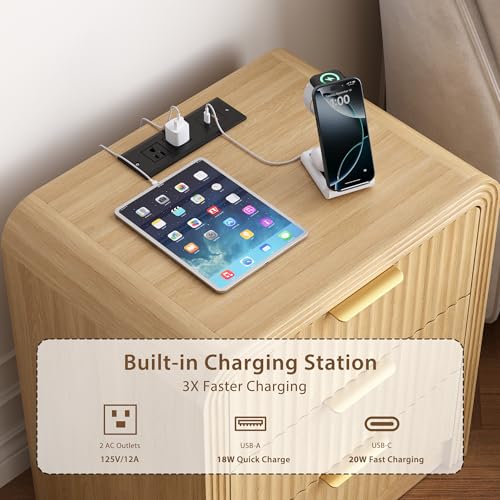 Decofy Fluted Nightstand with Charging Station, Modern Bedroom Side Table with Gold Handles, Curved Profile Design, End Table Wood Organizer for Bedroom, 19.7" & 3 Drawers (1 Pack, Natural Oak) - color: Natural Oak, size: 3 Drawer( 15.5"D x 19.6"W x 24"H)