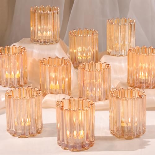 HAVITI Glass Gold Votive Candle Holder, Ribbed Votive Candle Holders Set of 12, Tealight Candle Holder for Wedding Centerpieces Dinner Party Table Decor - color: Gold