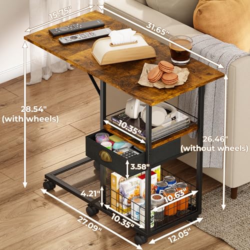 Rolling Coffee Table with Oversized Double-Wide Wood Top, Mobile Tv Tray with Storage Drawer and Wheels for Sofa, Portable Side Table for Living Room, Home Office, Spacious Desk for Working Studying - color: Black, size: 2XL