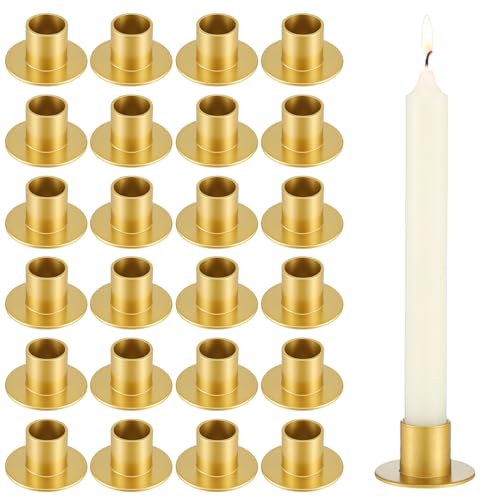 24 Pack Gold Taper Candle Holder Bulk for Pillar Candles, Metal Short Skinny Retro Flat Gold Tapered Candlestick Holders for Weeding Christmas Thanksgiving Dinner Party Table Centerpieces Decor