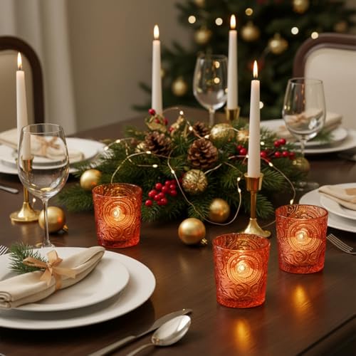 6 Pack Patented Sun Moon Star Embossed Glass Tea Light Candle Holders - Unique Votive Candle Holders for Wedding, Party, and Table Centerpieces (Pumpkin Spice) - color: Pumpkin Spice