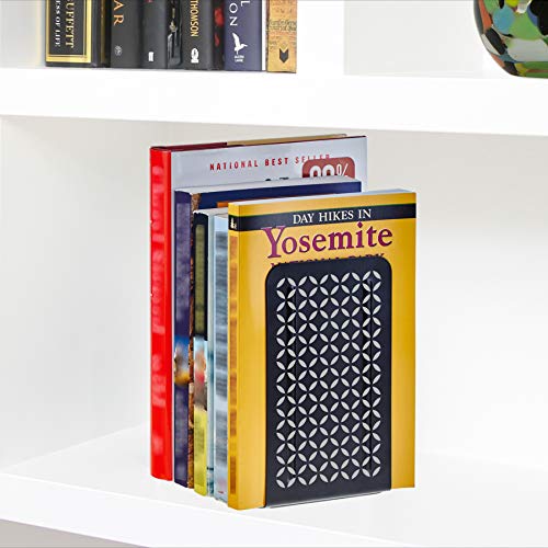 Acrimet Metal Bookends, Non-Skid Book Stand for Shelves, Heavy Duty Book Stopper, 6-7/8" H x 4" W x 4-1/2“ D, (Black Bookends with Silver Design), 1 Pair - color: Black Bookend With Silver Design, size: 10 cm X 11,5 cm X 17,5 cm