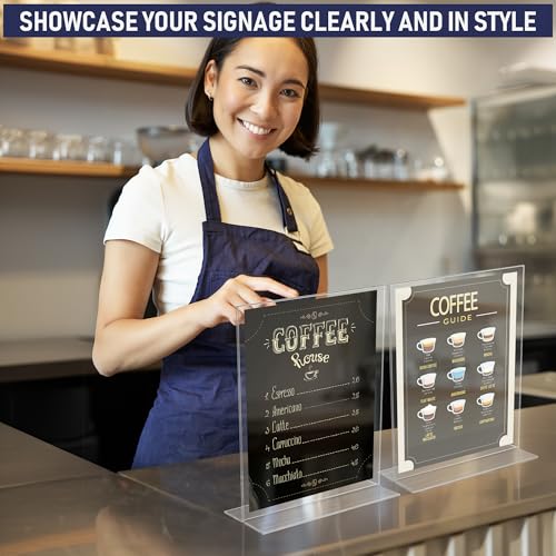 Acrylic Sign Holder 8.5 x 11 - Heavy Duty T-Shape Table Top Display Stand, Extra Wide 3-Inch Base, Double Sided Bottom Load, Crystal Clear Menu Holder: Restaurant, Office, Wedding, Trade Show (6 Pack)
