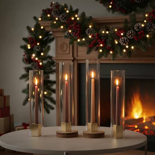LETINE 14" Tall Hurricane Candle Holders with Gold Ribbed Taper Candle Holders Set of 3– Bulk Windproof Taper Candle Hurricane Glass for Outdoor&Indoors Wedding Centerpiece, Event & Home Decor - color: Gold, size: 14H"-3pcs+3pcs Taper Holder1.57"/2.36"/3.