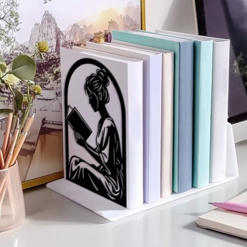 Peacoblue Metal Bookends for Shelves, Modern Decorative Heavy Duty Study Book Ends Stoppers for Office, Desk, Shelf, Room 5.3"x4.3"x7.9" Cast Iron Simple Tall Bookends 1 Pair (Reading Girl) - style: Reading Girl
