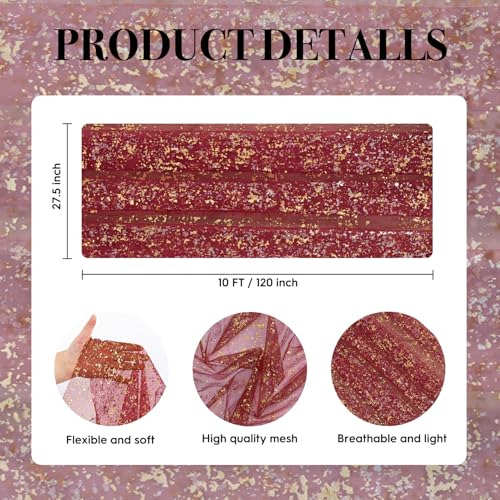 Artoid Mode Burgundy Gold Gauze Table Runner 120 Inch 10FT, Glitter Metallic Foil Sheer Dining Wedding Anniversary Holiday Birthday Table Decor for Home Party - color: Burgundy, size: 28" x 120"