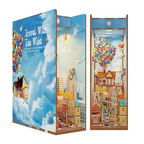 Tonecheer DIY Book Nook Kit for Adults,3D Wooden Puzzle Bookend Bookshelf Insert Library Decor, Booknook Miniature House Kit with Body Motion Sensor LED Light (Travel with The Wind)