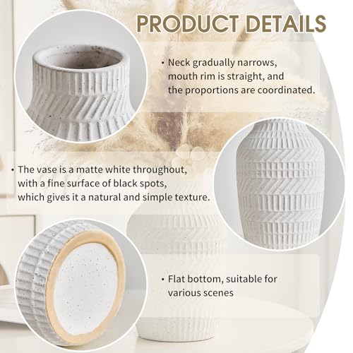 Boho White Ceramic Vase, 8.7" Matte Textured Flower Vase for Home Decor, Minimalist Table Centerpiece for Living Room, Office, Bedroom (Matte White Vase) - color: Matte White Vase