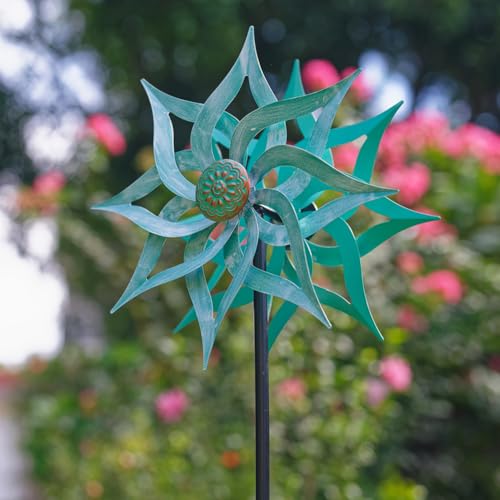 Viveta Metal Wind Spinners,53.5" Kinetic Wind Sculptures,Green Garden Pinwheels Double Layer Windmill for Outdoor Patio Lawn Yard - color: 2-green