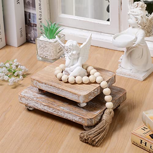 Capoda 3 Pcs Wood Risers for Decor Mini Wooden Pedestal Stands with Wood Bead Garland Farmhouse Vintage Rustic Decor Risers Stackable Kitchen Stand Tray for Home Bathroom Coffee Bar Table
