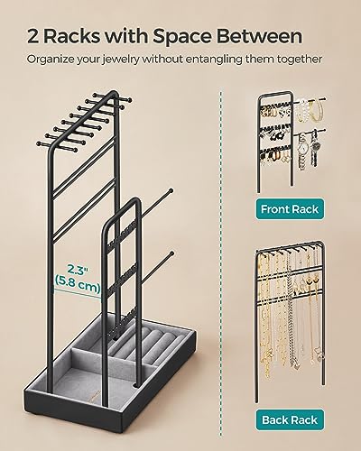 SONGMICS Necklace Holder, Jewelry Stand Holder Organizer, Jewelry Display with Metal Frame, Velvet Tray,Earring Bracelet Holder, for Gift Idea, 4.5 x 7.7 x 12.1 inch, Ink Black UJJS021B01 - color: Ink Black, size: 4.5"D x 7.7"W x 12.1"H