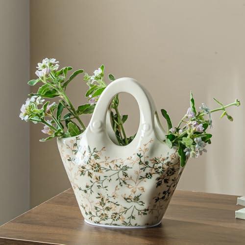 Ceramic Purse Vase 9”, Vintage Green & Beige Floral Handbag Vase, Rustic Farmhouse Decor for Living Room, Bedroom, Table Centerpiece, Chinoiserie Style - color: 04-green and Beige
