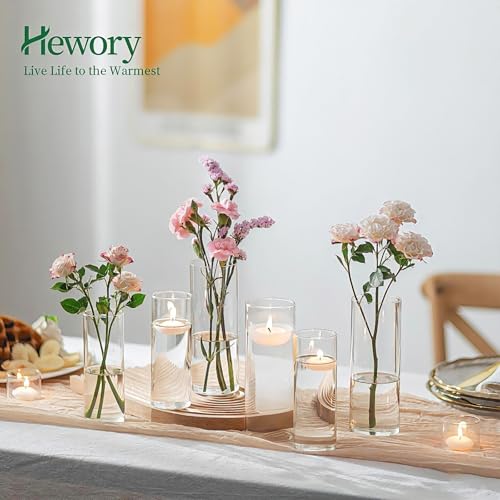 Hewory Glass Cylinder Vases for Centerpieces: 7“+6" Tall 12Pcs Clear Small Bud Vases for Flowers Wedding Party Table Decoration - Skinny Hurricane Candle Holders for Floating Candles