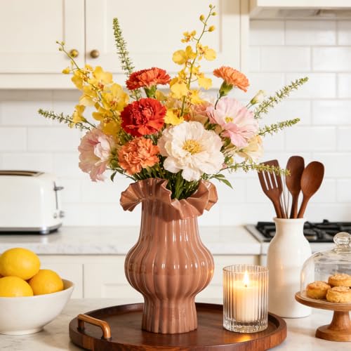 WDS WONDROUS Art Flower Vase for Kitchen Home Decor, Caramel Ruffled Glass Vase with Vertical Lines for Bouquet, Tall Vases for Flowers Table Centerpiece Dining Room, Housewarming Gift